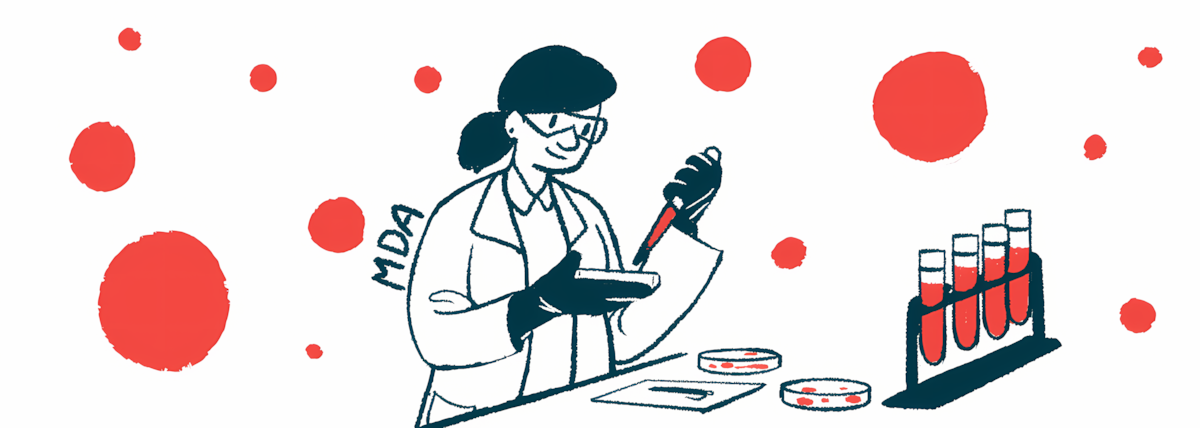 A scientist works with a dropper and a petri dish in a lab, with other petri dishes and a test tube-filled rack on a table and red spots and the letters MDA in the background.