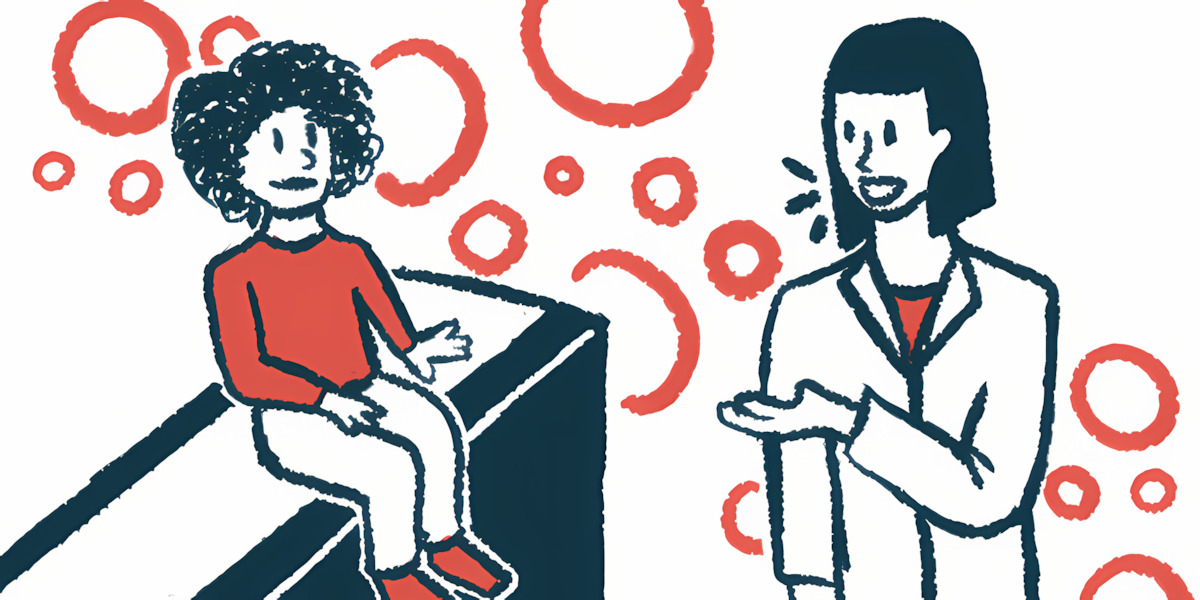 A therapist talks with a child seated on a bench.