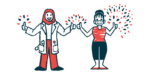 A doctor and a patient standing side by side give the thumbs-up sign with both hands amid fireworks.