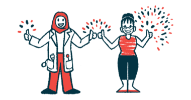 A doctor and a patient standing side by side give the thumbs-up sign with both hands amid fireworks.