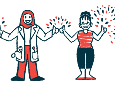 A doctor and a patient standing side by side give the thumbs-up sign with both hands amid fireworks.