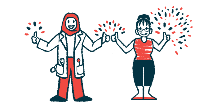 A doctor and a patient standing side by side give the thumbs-up sign with both hands amid fireworks.