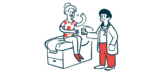 An illustration shows a woman sitting on an exam table taking a pill handed to her by a physician.