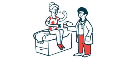 An illustration of a female patient sitting on an examining table taking a pill handed to her by her physician.