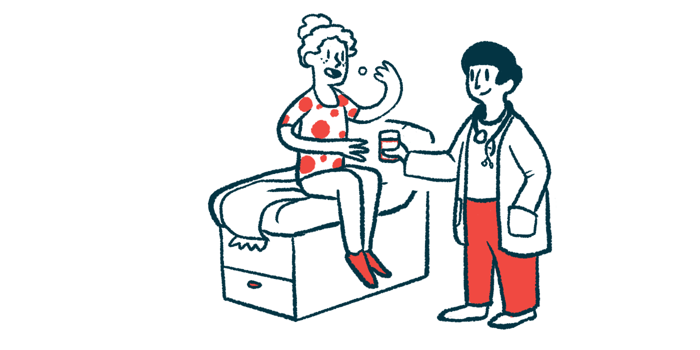 An illustration of a female patient sitting on an examining table taking a pill handed to her by her physician.