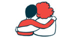 Two people are shown from behind with their arms around each other.