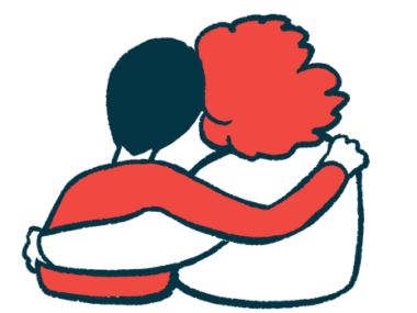 Two people are shown from behind with their arms around each other.