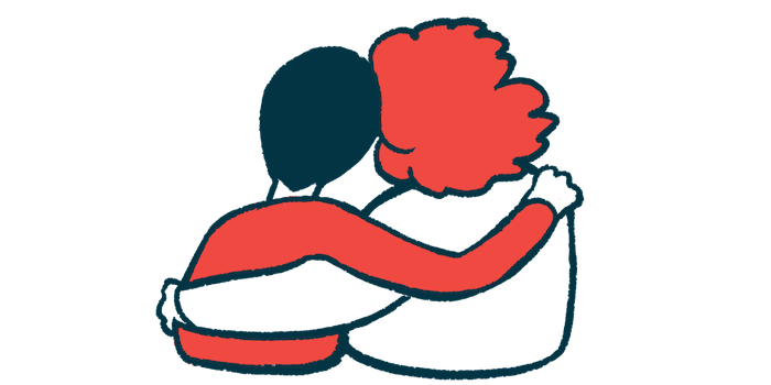 Two people are shown from behind with their arms around each other.