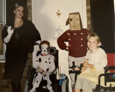 Four children are shown dressed up for Halloween.